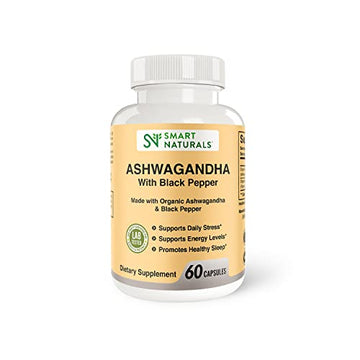 Smart Naturals Organic Ashwagandha with Black Pepper Herbal Supplements, Relieves