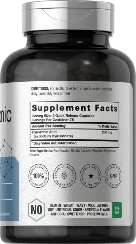 Hyaluronic Acid Supplement | 200 mg | 150 Capsules | Non-GMO and Gluten Free Supple Horbäach