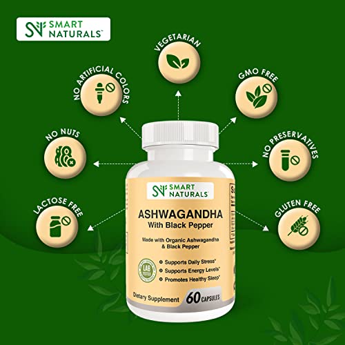 Smart Naturals Organic Ashwagandha with Black Pepper Herbal Supplements, Relieves Smart Naturals