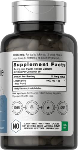 L Methionine 1000mg | 100 Capsules | Non-GMO, Gluten Free | Free Form Supplement Horbäach