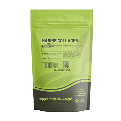 Marine Collagen 180 Capsules 400mg UK Made. Pharmaceutical Grade Type 1 Hydrolysed Supplement. Skin Nails Hair and Joints Supplemented