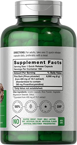 Pine Bark Extract | 6000 mg | 180 Capsules | Standardized to Contain 380 mg Proanthocyan Horbäach