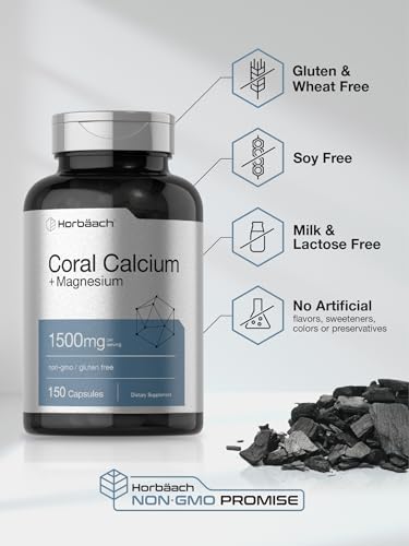Coral Calcium 1500mg 150 Capsules | Plus Magnesium | Non-GMO, Gluten Free Supplement Horbäach