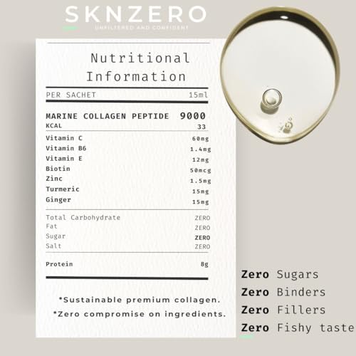 Marine Collagen Liquid 9000mg High Strength Supplement +Biotin, Vitamin B, C, E, Zinc & Turmeric & Ginger SKNZERO