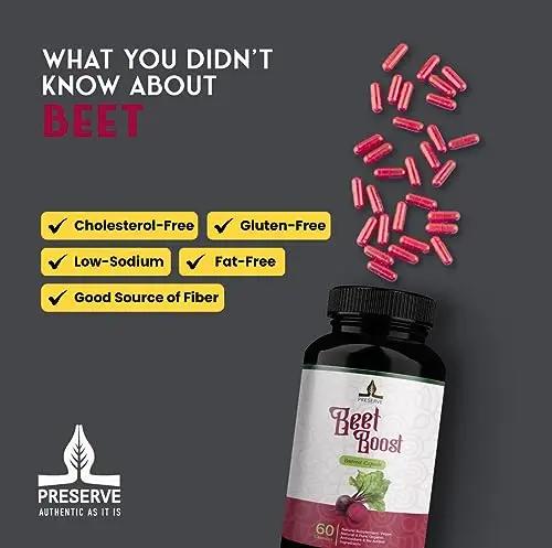 PRESERVE Organic Beetroot casules 16,000mg Per Serving, Natural Monthly Supplement 60 Capsules USDA Certified Non GMO Nitric Oxide Sugar Free Natural Pre-Workout Beet Boost