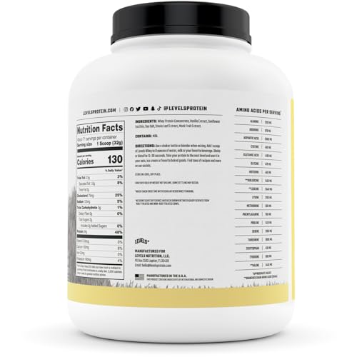 Levels Grass Fed 100% Whey Protein, No Hormones, Vanilla Bean, 5LB Levels Nutrition