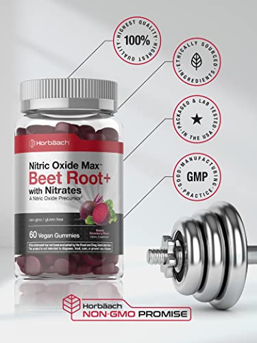 Nitric Oxide Beet Root Gummies | 60 Count | with Nitrates | Natural Strawberry Flavor Horbäach