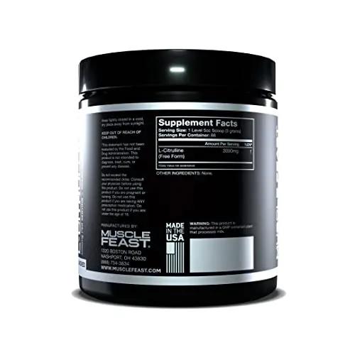 Muscle Feast Premium Vegan L-Citrulline Powder, Enhance Muscle Pumps, Improve Muscle Vascularity, Nitric Oxide Booster, Citrulline, Unflavored, 200 Grams
