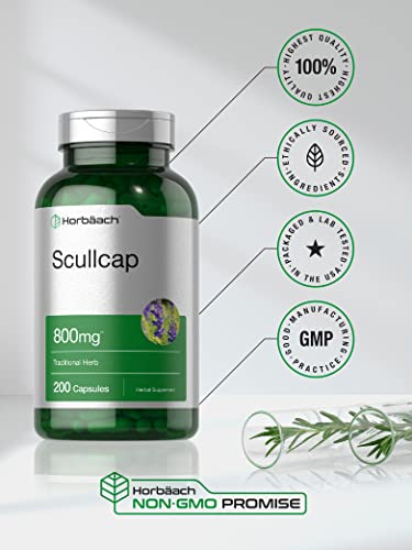 Scullcap Capsules | 800 mg | 200 Count | Max Potency, Value Size | Non-GMO and Gluten Horbäach