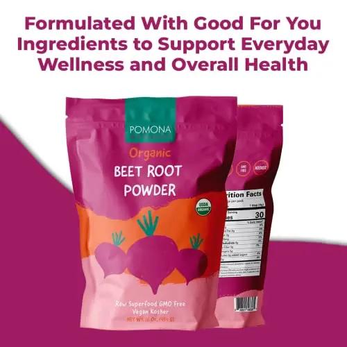 Pomona Wellness Organic Beetroot Powder, Superfood, Raw, Vegan & Non-GMO, Nitric Oxide Booster, Beet Pre Workout Powder, Natural Nitrates for Energy Support & Immune System, USDA Organic, 1 lb Bag