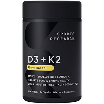 Sports Research Vitamin D3 + K2 with 5000iu of Plant-Based D3 & 100mcg of Vitamin