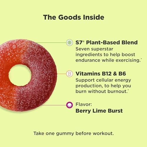 OLLY Pre-Game Energize Workout Gummy Rings, S7 Plant-Based Blend, B Vitamins, Berry OLLY