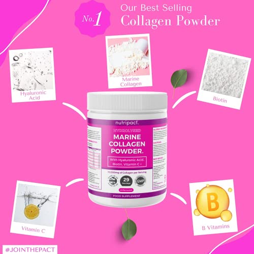 Hydrolysed Marine Collagen Peptides Powder with Hyaluronic Acid, Biotin, Vitamin C & B Vitamins – 10,000mg Collagen nutripact