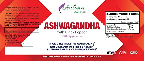 Aulona Care Ashwagandha with Black Pepper 1300mg for Healthy Adrenaline, Stress Relief Aulona Care