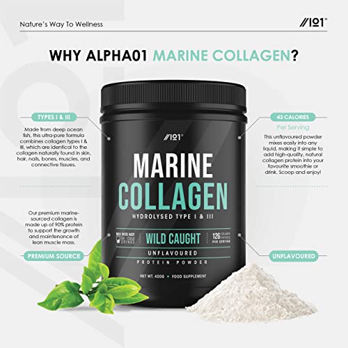 Marine Collagen Powder Supplement - 400g - Wild-Caught Canadian Marine Collagen - Unflavoured - Types 1 & 3 Hydrolysed Collagen ALPHA01