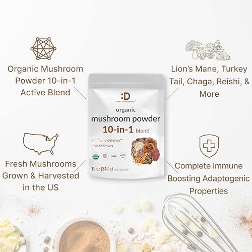 Organic Mushroom Powder Supplement, 12oz – 10 in 1 Active Blend – Turkey Tail, Lions Mane DEAL SUPPLEMENT