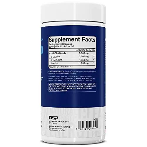 RSP BCAA 5000 (30 Serv), Premium BCAA Capsules for Post Workout Muscle Recovery, Endurance & Energy, 5g of Essential Branched Chain Amino Acids Per Serving (Packaging May Vary)