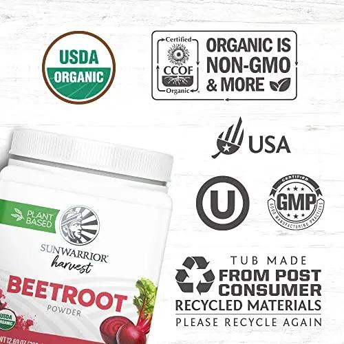 Sunwarrior Beet Root Powder Nitric Oxide Increase Stamina Blood and Flow Circulation Natural Non-GMO Keto Vegan Superfood for Smoothies Acai Pudding Baking 360g sq tub (90 Servings) Organic Harvest