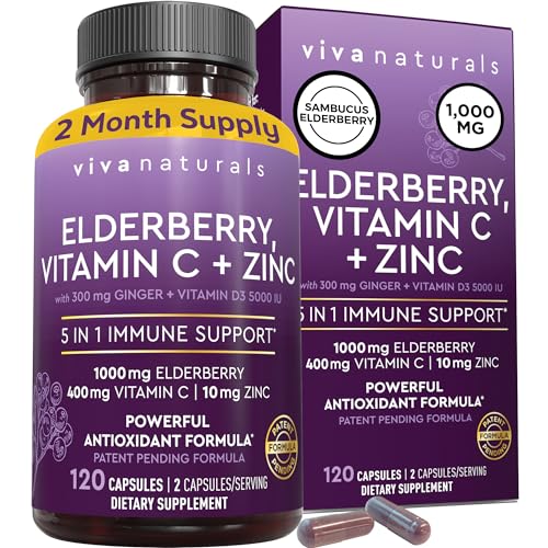 Viva Naturals Sambucus Elderberry with Vitamin C and Zinc for Adults - 5 in 1 Sambucus