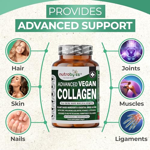 Vegan Collagen Supplement For Skin, Hair, Nails, Joints & Bones with Hyaluronic Acid, Biotin, Lysine, Bamboo Silica, Zinc, Vitamin C, D3, B12, E NUTRABYTES