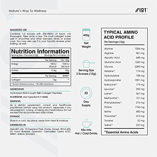 Marine Collagen Powder Supplement - 400g - Wild-Caught Canadian Marine Collagen - Unflavoured - Types 1 & 3 Hydrolysed Collagen ALPHA01