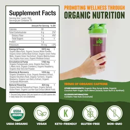 Organic Muscle Superfood Pre Workout Powder for Men & Women, Passionfruit Guava (15 Packets) - USDA Organic Supplement - Vegan, Natural, Plant-Based & Low Caffeine Energy Powder