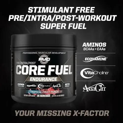 PMD Sports Core Fuel Endurance, Performance & Recovery - BCAAs, EAAs, Beta Alanine, Betaine Anhydrous, Glutamine, Electrolytes - Muscle Growth, Strength - Stim Free, Tropical Fruit Punch (25 Servings)