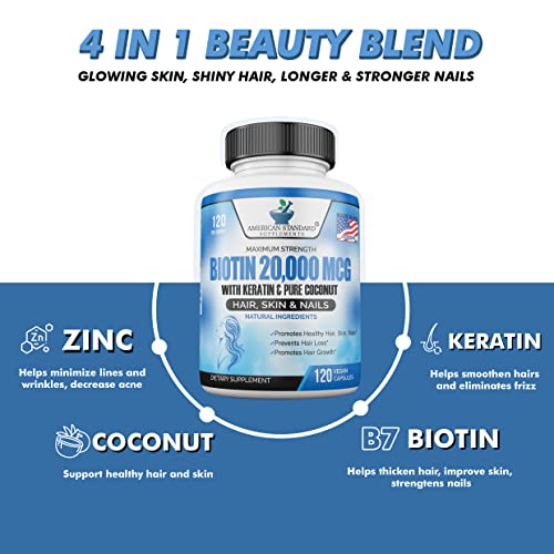 Biotin 20,000mcg with Keratin, Organic Coconut and Zinc, Hair Growth Supplements, Biotin American Standard Supplements