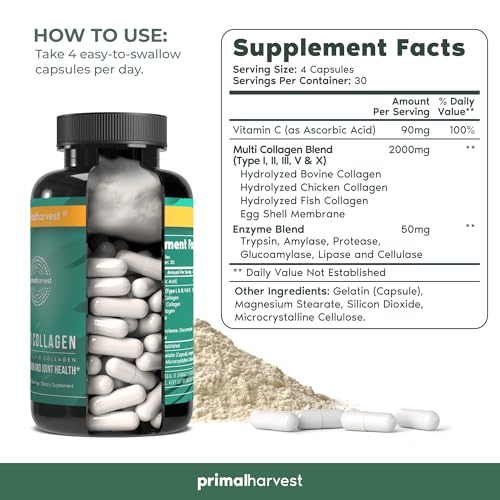 Primal Harvest Multi Collagen Pills for Women and Men (Type I, II, III, V, X) 120 Capsules Primal Harvest