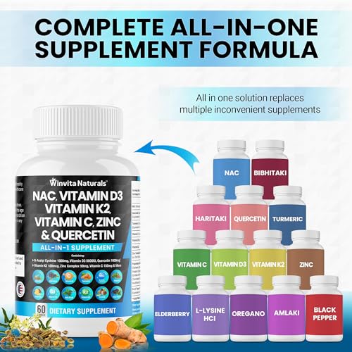 NAC Supplement N-Acetyl Cysteine 1000mg Vitamin C Vitamin D3 K2, Zinc, Turmeric Curcumin Winvita Naturals