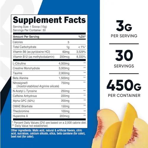 Nutricost Pre-C Pre-Workout Complex with Creatine (Peach Mango | 30 Servings) Powder - Boost Fintess Routines, 450g