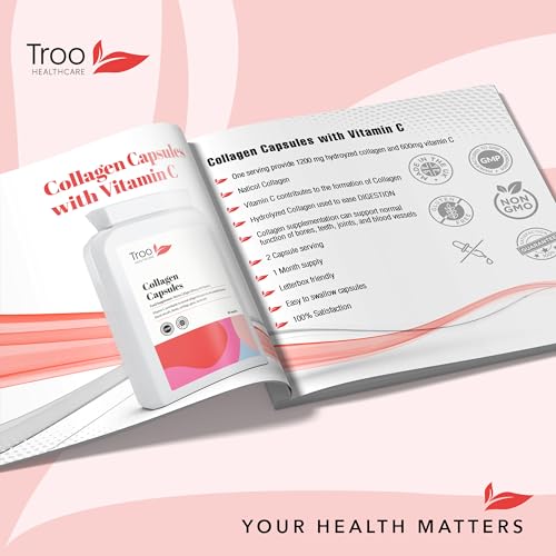 Troo Marine Collagen Supplement - 60 High Strength Capsules 1200mg Serving - Hydrolysed Marine Collagen Peptides with Vitamin C Troo Health Care