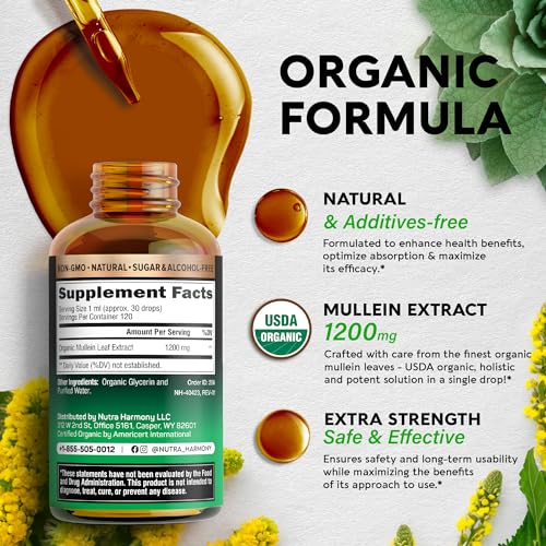 USDA Organic Mullein Drops for Lungs - Mullein Leaf Extract Supplement - Made in USA NUTRAHARMONY