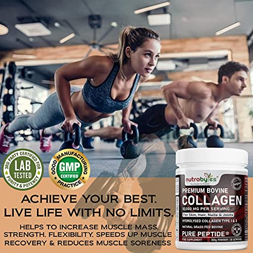 Pure Hydrolysed Collagen Powder 10000mg Bovine Type 1 & 3 Unflavoured|High Strength Protein Peptides for Women & Men NUTRABYTES