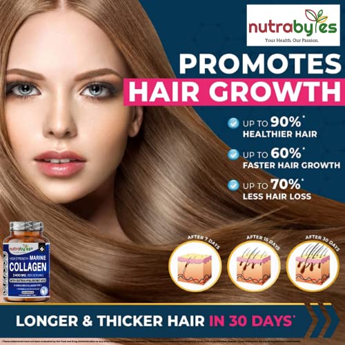 High Strength Marine Collagen 2400mg with Hyaluronic Acid 100mg, Biotin, Vitamin C, D3, B12 and Silica NUTRABYTES