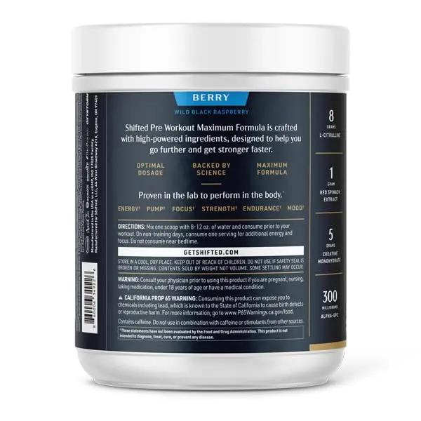 SHIFTED Maximum Pre Workout Powder, Energy & Focus Supplement with Creatine Monohydrate, Beta Alanine, Caffeine, Electrolytes, Pre-Workout Drink Mix, Muscle Pump/Growth Support, Berry, 20 Servings