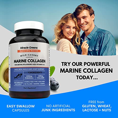 Marine Collagen 1400mg | 120 Capsules with Biotin, Hyaluronic Acid, Vitamin C, E, B2, Zinc, Copper & Iodine Miracle Greens