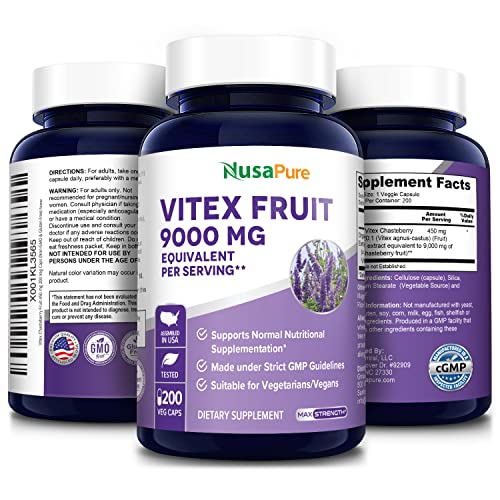 NusaPure Vitex Chasteberry Fruit 20:1 Extract 9,000 mg -200 Veggie Caps 200 Days Supply NusaPure