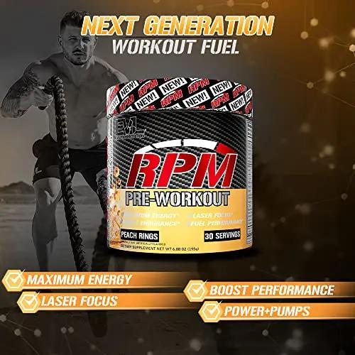 Pre Workout Powder for Energy and Focus - EVL RPM Energy Pre Workout Energy Drink Powder with Betaine Alanine Caffeine and Theacrine - Preworkout Powder Drink for Amplified Performance (Peach Rings)