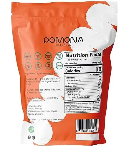 Pomona Wellness Organic Beetroot Powder, Superfood, Raw, Vegan & Non-GMO, Nitric Oxide Booster, Beet Pre Workout Powder, Natural Nitrates for Energy Support & Immune System, USDA Organic, 1 lb Bag