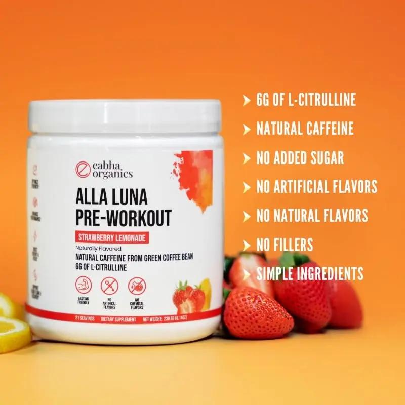 Eabha Organics Alla Luna Pre-Workout - Strawberry Lemonade - to Support Energy, Focus, and Stamina - Increase Blood Flow for a Better Pump - 21-Day Supply - 1 Scoop per Serving