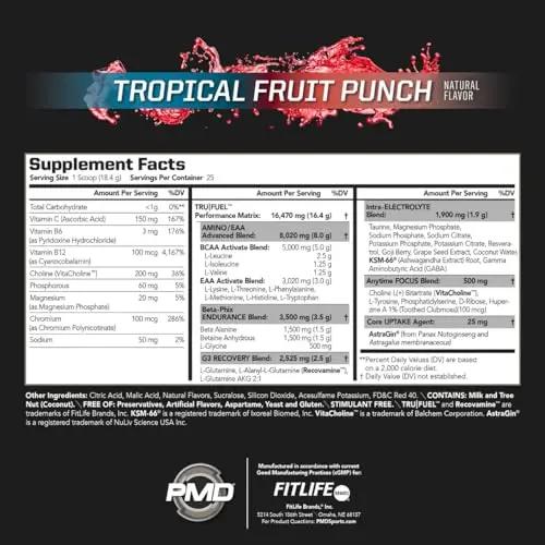 PMD Sports Core Fuel Endurance, Performance & Recovery - BCAAs, EAAs, Beta Alanine, Betaine Anhydrous, Glutamine, Electrolytes - Muscle Growth, Strength - Stim Free, Tropical Fruit Punch (25 Servings)