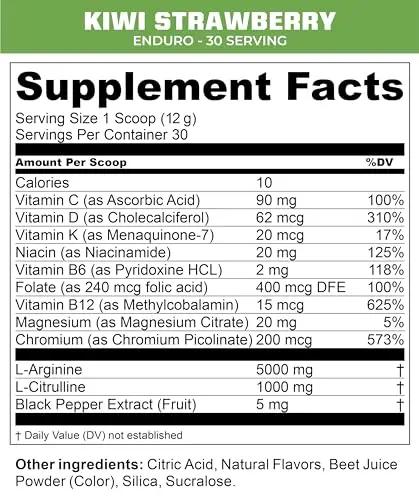 MTN OPS Enduro Nitric Oxide Supplement & Stim-Free Pre Workout - 30 Servings - with Magnesium Citrate, Beet Root Powder, Niacinamide, L Arginine & L Citrulline - Kiwi Strawberry Flavor