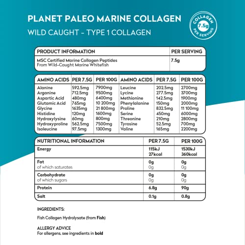 Pure Marine Collagen Powder (60 Servings, 450g) | for Healthy Skin, Hair and Nails, and Gut Health Planet Paleo