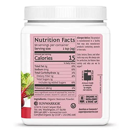 Sunwarrior Beet Root Powder Nitric Oxide Increase Stamina Blood and Flow Circulation Natural Non-GMO Keto Vegan Superfood for Smoothies Acai Pudding Baking 360g sq tub (90 Servings) Organic Harvest