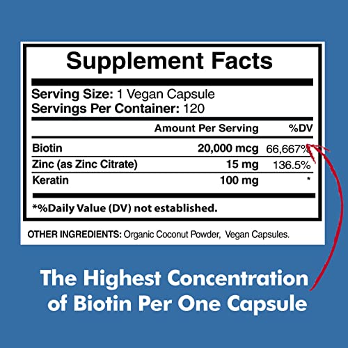 Biotin 20,000mcg with Keratin, Organic Coconut and Zinc, Hair Growth Supplements, Biotin American Standard Supplements