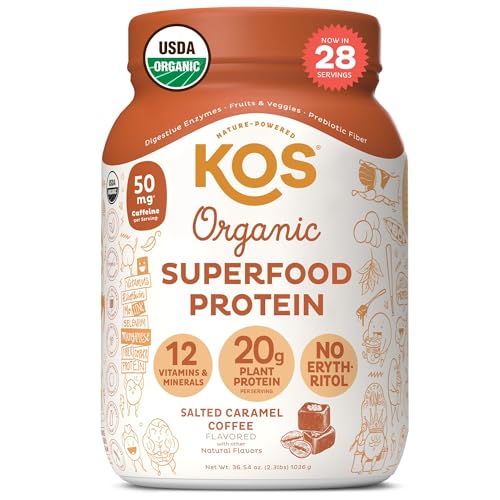 KOS Organic Vegan Protein Powder with 50mg Caffeine, Salted Caramel Coffee KOS