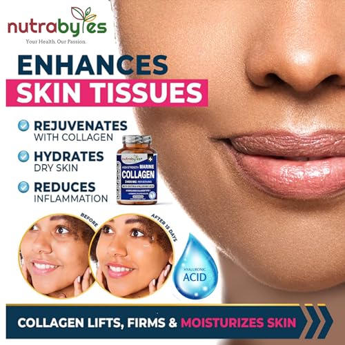 High Strength Marine Collagen 2400mg with Hyaluronic Acid 100mg, Biotin, Vitamin C, D3, B12 and Silica NUTRABYTES