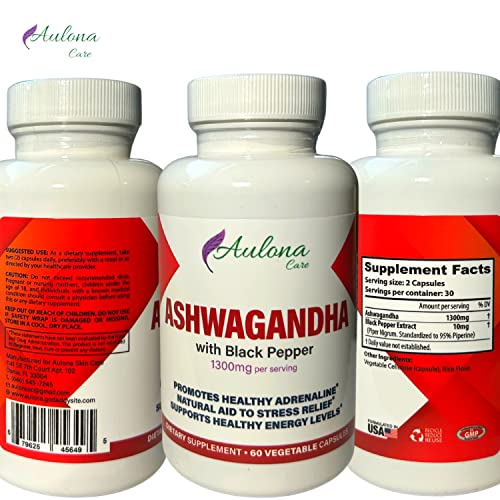 Aulona Care Ashwagandha with Black Pepper 1300mg for Healthy Adrenaline, Stress Relief Aulona Care