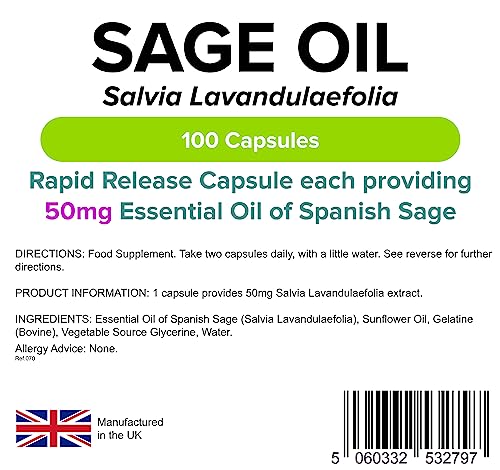Essential Oil of Sage 100 Caps, Hot Flushes, Menopause Lindens